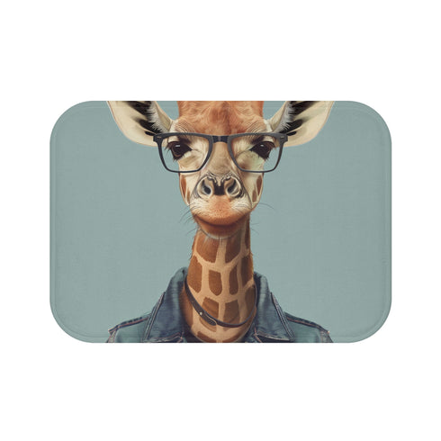 Stylish Giraffe Bath Mat with Hipster Glasses Design for Home Oasis.