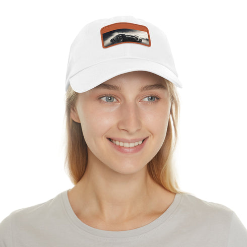 Bugatti Speedster cap in white with light brown patch and rectangle design.