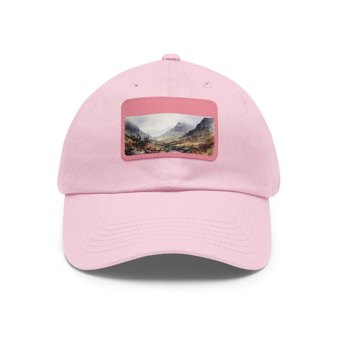 Highland Adventure baseball cap with vibrant Scottish landscape, white/light brown patch.