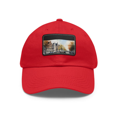 Trendy white snapback cap with Amsterdam skyline patch.