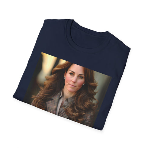 Charcoal crew neck cotton T-shirt featuring elegant Kate Middleton tapestry design