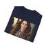 Charcoal crew neck cotton T-shirt featuring elegant Kate Middleton tapestry design