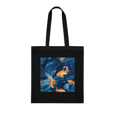 Golden Koi Grace Tote Bag - Serene Orange Fish Design on Black.