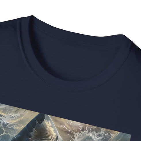 Charcoal cotton t-shirt with vibrant Megalodon painting and crew neck design