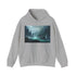Navy unisex hoodie with fantasy landscape design.