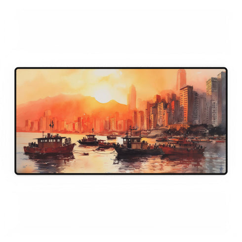 Hong Kong Victoria Harbour Neon Skyline XXL Extended Desk Mat - View 1 | Prints With Passion