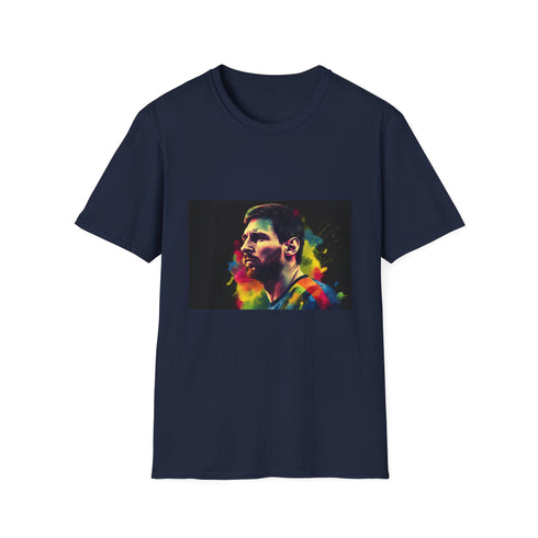 Vibrant charcoal crew neck t-shirt with abstract football artwork