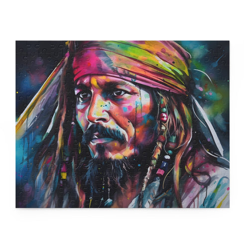 Vibrant neon Jack Sparrow jigsaw puzzle with watercolor hues for fans.
