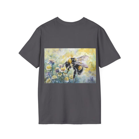 Charcoal cotton t-shirt featuring vibrant watercolor bumblebee design