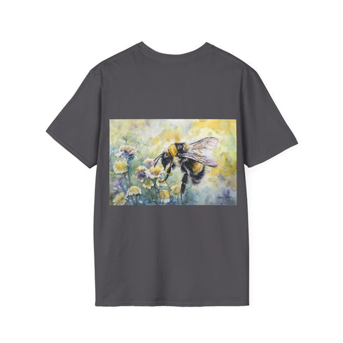 Buzzing bumblebee watercolor tee, charcoal, crew neck, regular fit, DTG.