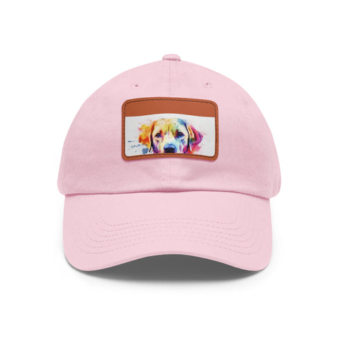 Labrador baseball cap, white with light brown patch.