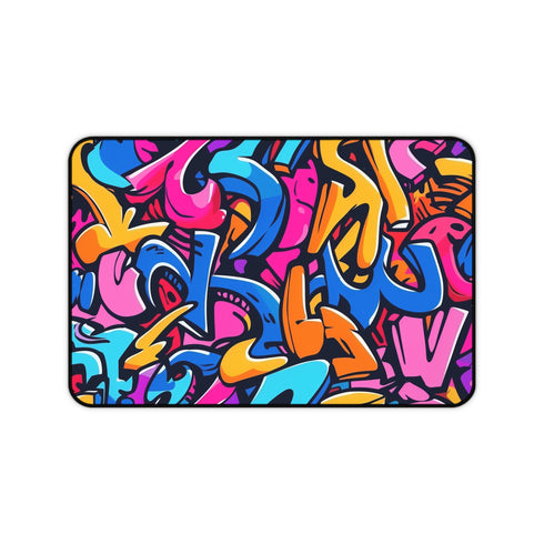 Neon graffiti desk mat with vibrant seamless pattern.