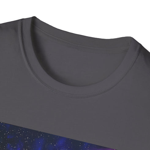 Charcoal cotton t-shirt with neon space galaxy print for summer adventures