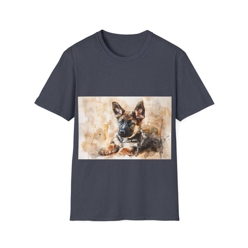 Adorable German Shepherd watercolor tee, charcoal, crew neck, DTG print.
