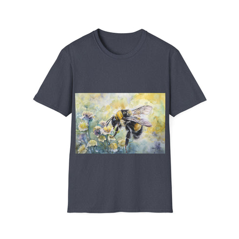 Vibrant watercolor bumblebee tee in charcoal for men and women.