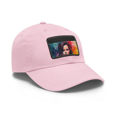 Neon watercolor baseball cap with light brown patch and rectangle shape.