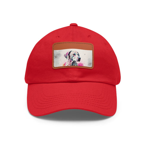 Dalmatian puppy design white baseball cap with light brown rectangle patch.