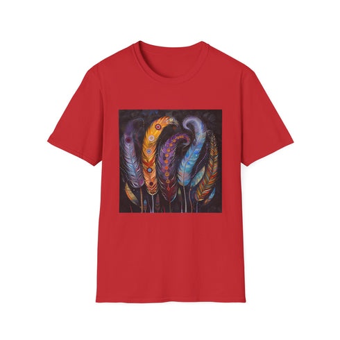 Charcoal cotton T-shirt featuring vibrant bohemian feather design crew neck style