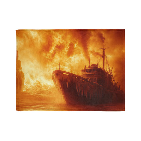 Frozen Ship Adrift in Firestorm Plush Fleece Throw Blanket