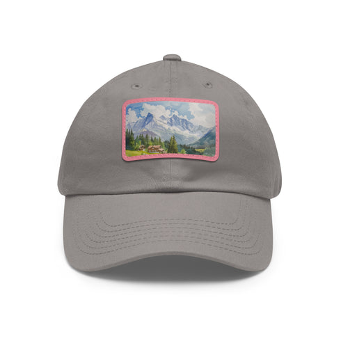Stylish white cotton baseball cap with Swiss Alps watercolor design.