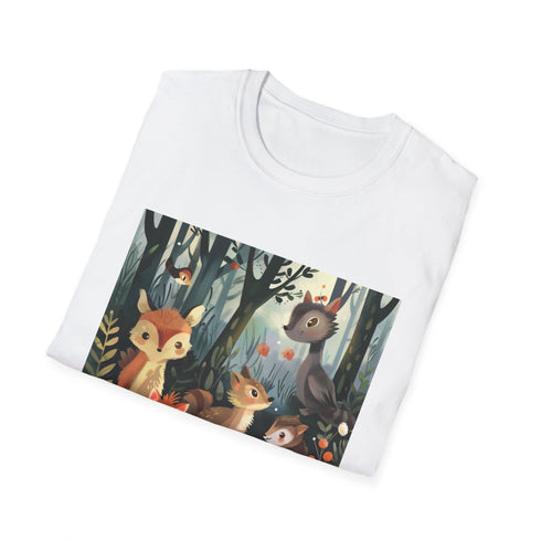 Charcoal crew neck t-shirt with woodland creatures printed in a vibrant tapestry