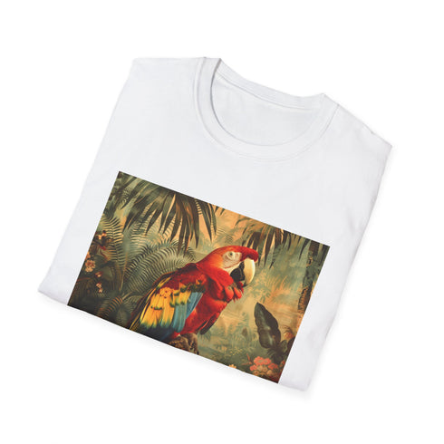 Charcoal cotton t-shirt with vibrant parrot in tropical paradise design