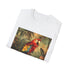 Charcoal cotton t-shirt with vibrant parrot in tropical paradise design
