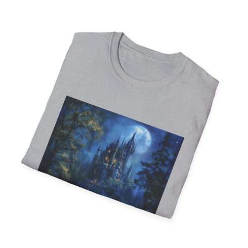 Charcoal crewneck t-shirt with moonlit castle forest graphic soft cotton fabric