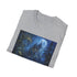 Charcoal crewneck t-shirt with moonlit castle forest graphic soft cotton fabric