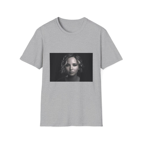 Charcoal crew neck cotton T-shirt featuring unique vibrant red carpet-inspired design