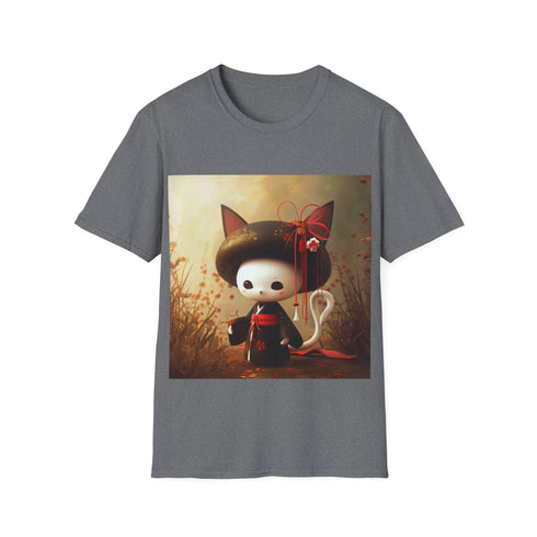 Kuromi Hello Kitty Tee: Charcoal crew neck shirt, bold character design.