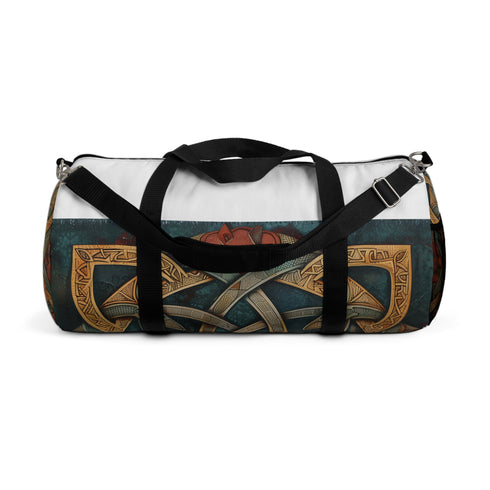Celtic knot duffel bag with all-over print design.