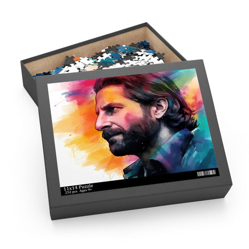 Vibrant neon Bradley Cooper watercolor puzzle with stunning hues.