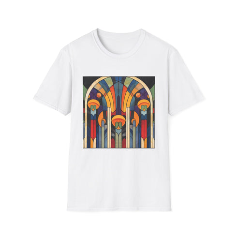 Charcoal cotton T-shirt with vibrant abstract art deco geometric patterns