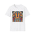Charcoal cotton T-shirt with vibrant abstract art deco geometric patterns