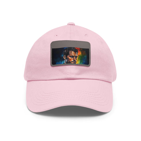 Neon watercolor hat with Henry Cavill design and light brown patch.