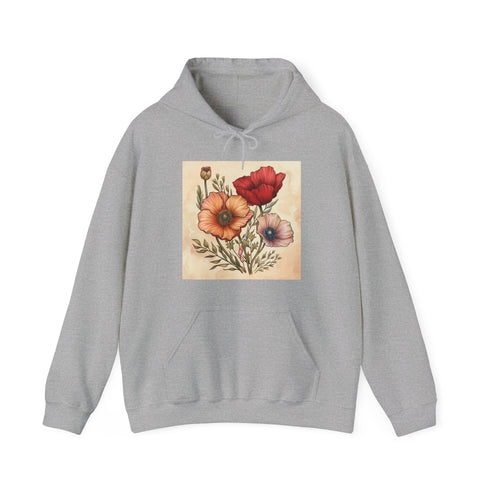Nature-inspired navy floral hoodie for men and women, size small.