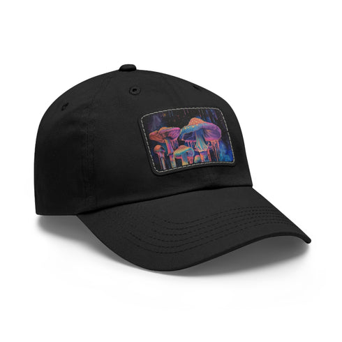 Textured white trucker hat with psychedelic mushroom design on light brown patch.
