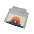 Navy minimalist logo hoodie with sunrise over mountain peaks design.