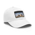 White baseball cap with Giza pyramids patch, rectangle shape.