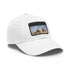 White cotton baseball cap with light brown rectangle patch.