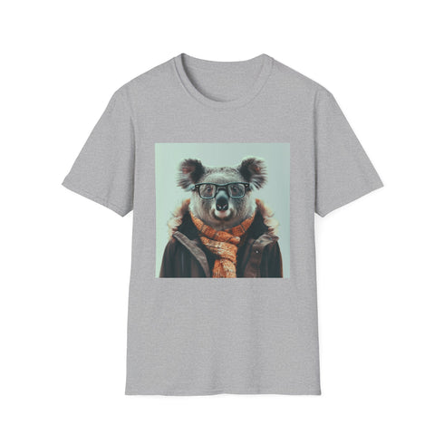 Charcoal cotton T-shirt with a hipster koala sipping tea design