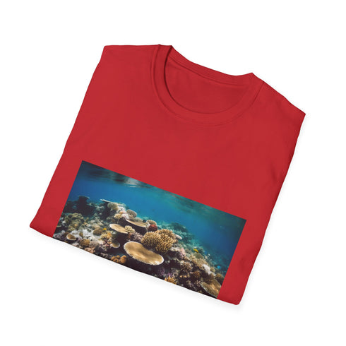Colorful coral reef t-shirt inspired by ocean's beauty in charcoal.