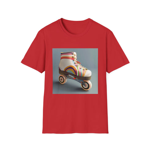 Retro roller skate inspired charcoal t-shirt with vibrant colorful stripes.