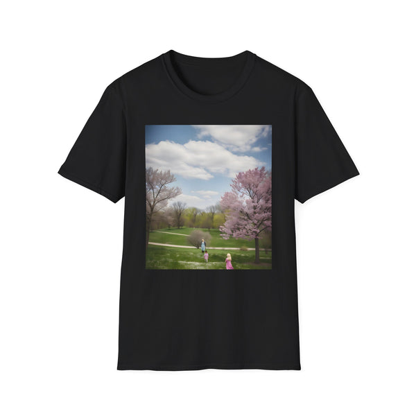 Charcoal cotton crew neck T-shirt with vibrant nature-inspired suburban park design