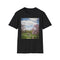 Charcoal cotton crew neck T-shirt with vibrant nature-inspired suburban park design