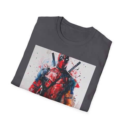 Charcoal cotton crew neck T-shirt featuring Deadpool with vibrant humorous design