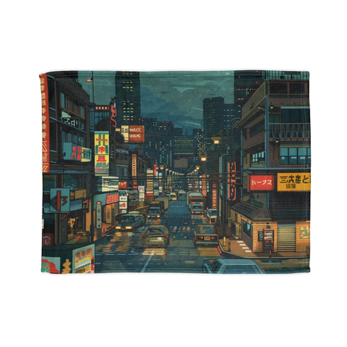 Pixelated retro gaming themed blanket for cozy indoor relaxation and rest.