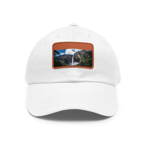 White cotton baseball cap with Angel Falls patch for adventurers.