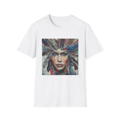Charcoal crew neck t-shirt with vibrant bohemian feathers design